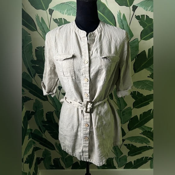 Carole Little Tops - Carole Little Linen Tan Short Sleeve Belted Tunic Top Size M